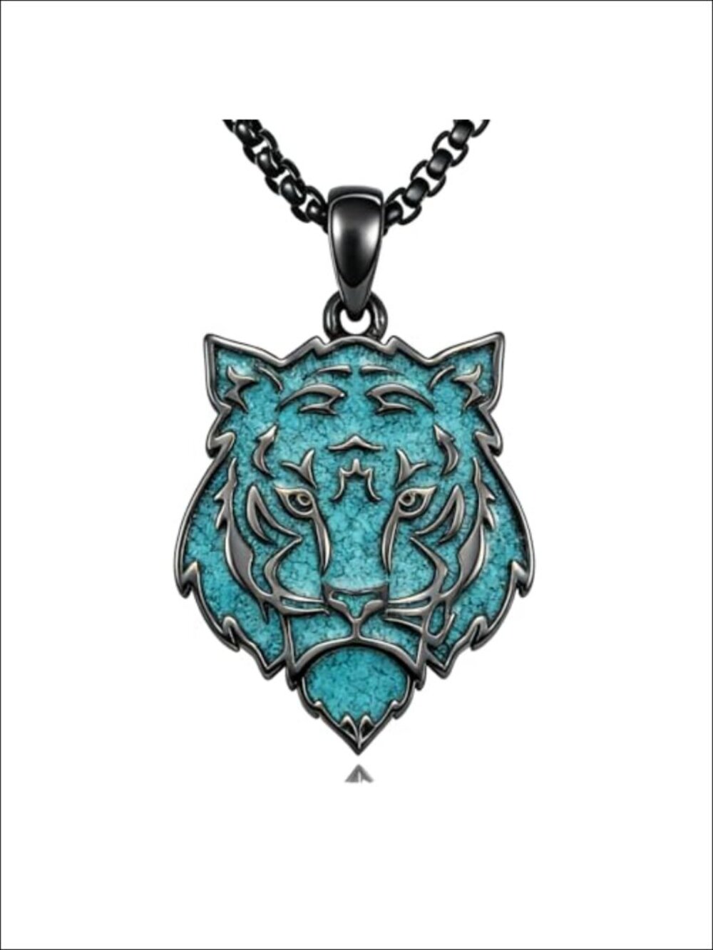 Sterling Silver Tiger Head Pendant Necklace Turquoise Inlay Animal Jewelry